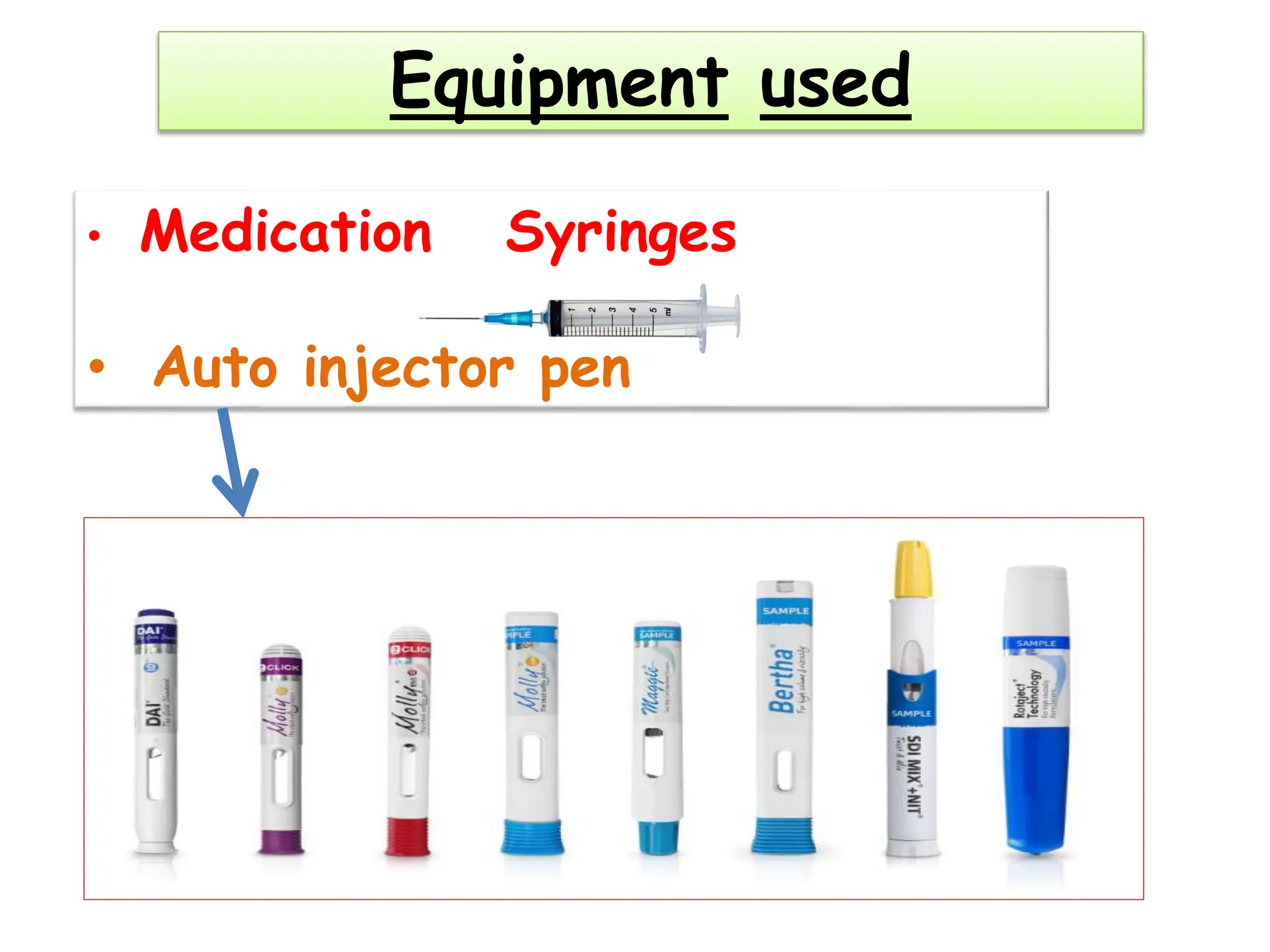 Equipment used
• Medication Syringes
• Auto injector pen
 