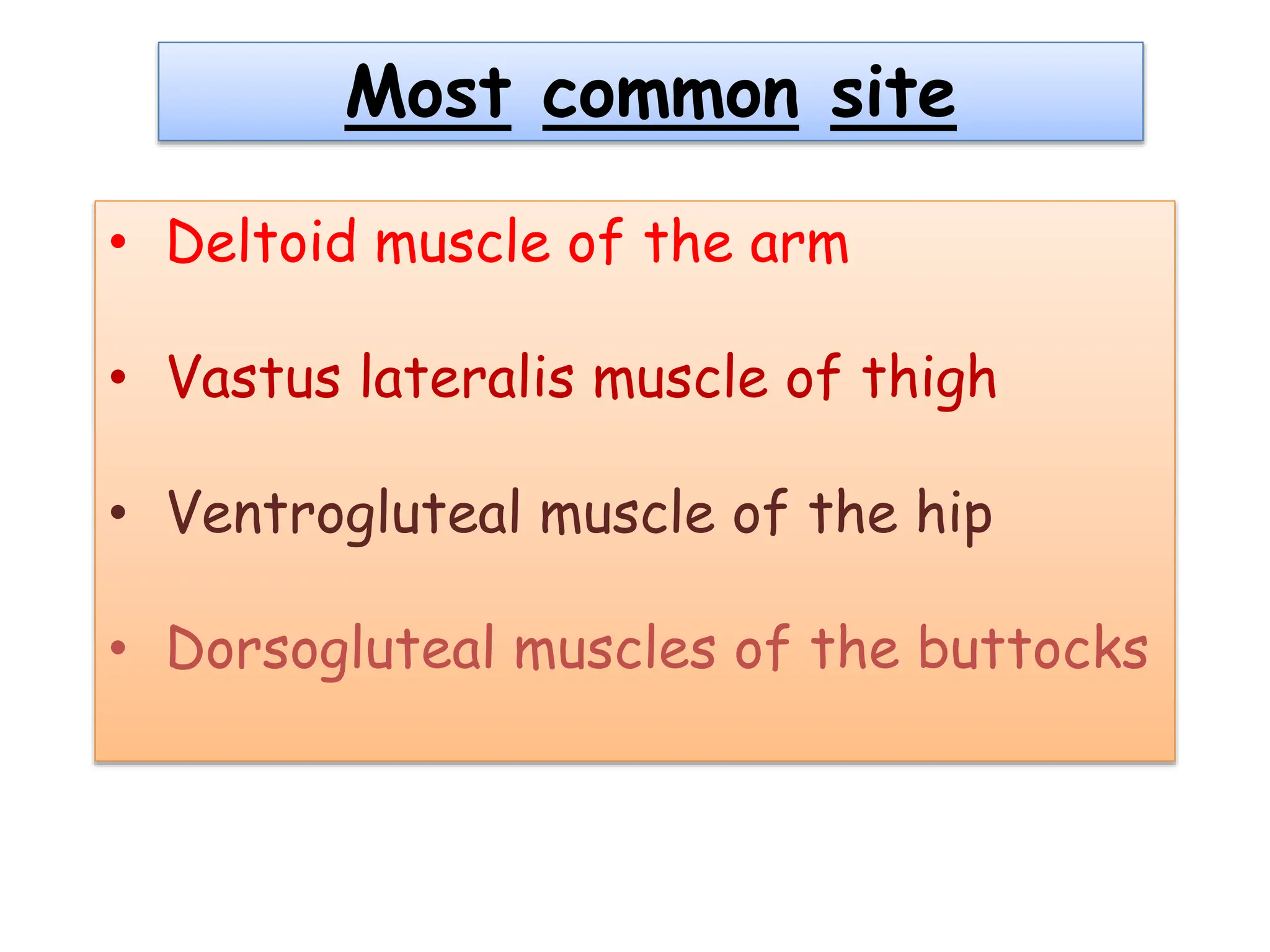 Most common site
• Deltoid muscle of the arm
• Vastus lateralis muscle of thigh
• Ventrogluteal muscle of the hip
• Dorsogluteal muscles of the buttocks
 