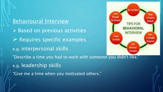 Behavioural Interview
 Based on previous activities
 Requires specific examples
e.g. interpersonal skills
"Describe a time you had to work with someone you didn't like."
e.g. leadership skills
“Give me a time when you motivated others.”
 