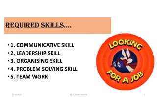 REQUIREd SKILLS….
• 1. COMMUNICATIVE SKILL
• 2. LEADERSHIP SKILL
• 3. ORGANISING SKILL
• 4. PROBLEM SOLVING SKILL
• 5. TEAM WORK
17-04-2021 Dr. C. Beulah Jayarani 5
 