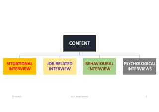 CONTENT
SITUATIONAL
INTERVIEW
JOB RELATED
INTERVIEW
BEHAVIOURAL
INTERVIEW
PSYCHOLOGICAL
INTERVIEWS
17-04-2021 Dr. C. Beulah Jayarani 9
 