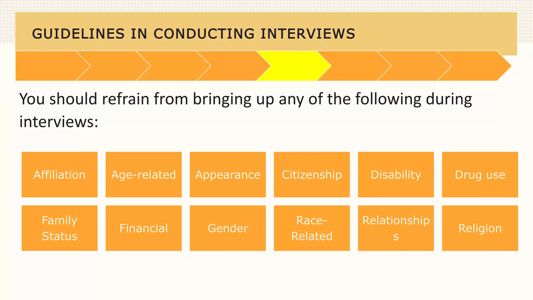 GUIDELINES IN CONDUCTING INTERVIEWS
You should refrain from bringing up any of the following during
interviews:
Affiliation Age-related Appearance Citizenship Disability Drug use
Family
Status
Financial Gender
Race-
Related
Relationship
s
Religion
 