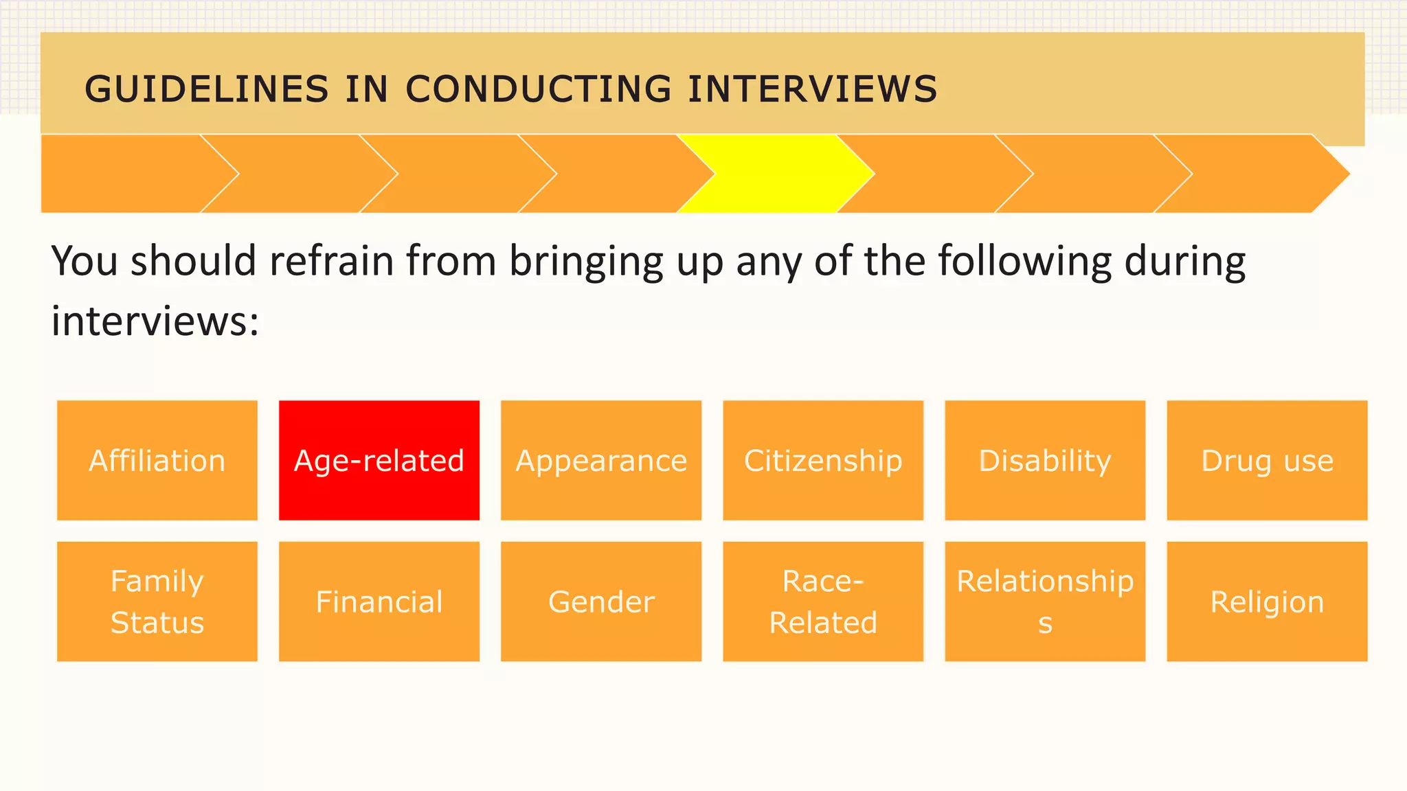 GUIDELINES IN CONDUCTING INTERVIEWS
You should refrain from bringing up any of the following during
interviews:
Affiliation Age-related Appearance Citizenship Disability Drug use
Family
Status
Financial Gender
Race-
Related
Relationship
s
Religion
 