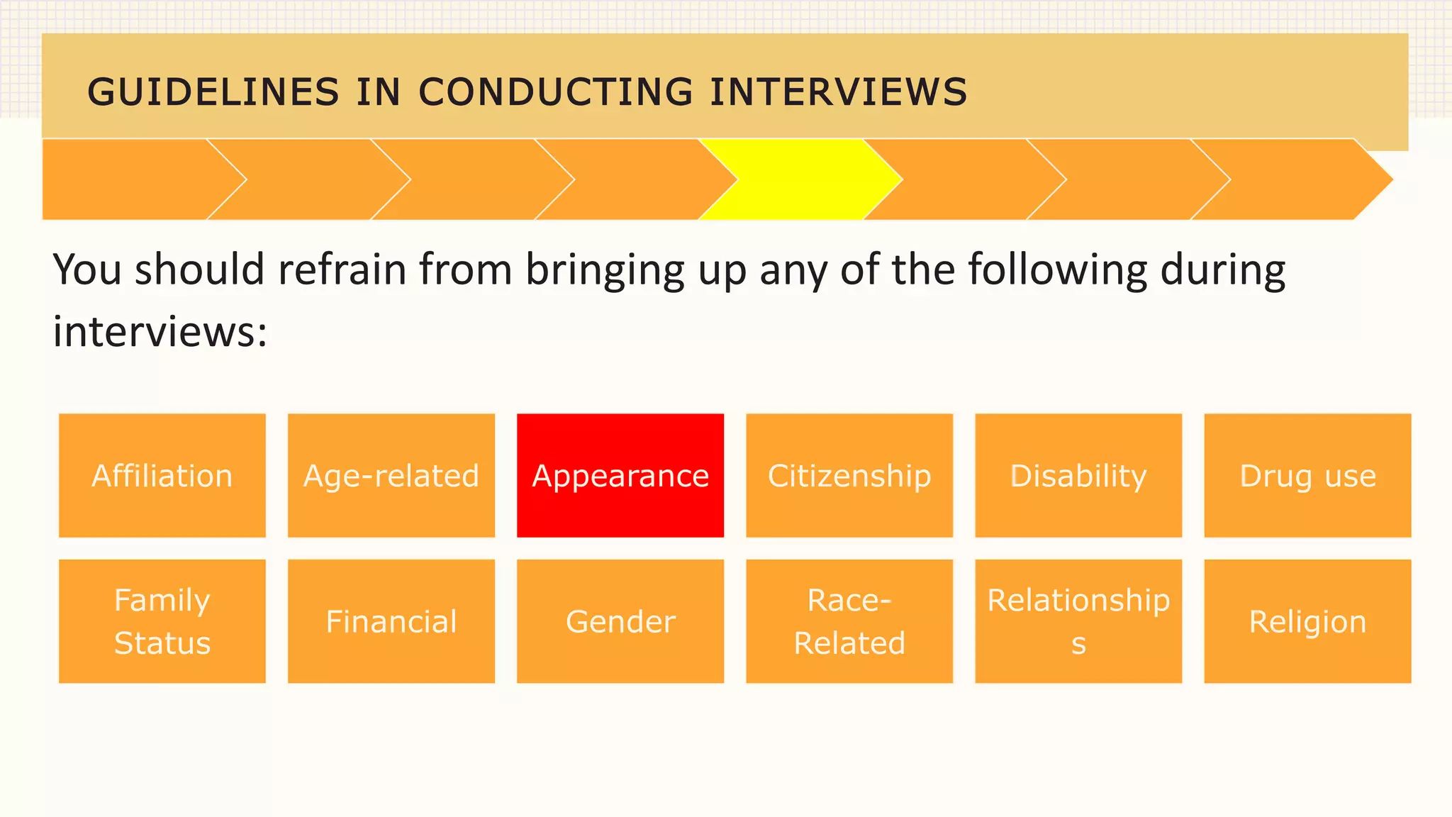 GUIDELINES IN CONDUCTING INTERVIEWS
You should refrain from bringing up any of the following during
interviews:
Affiliation Age-related Appearance Citizenship Disability Drug use
Family
Status
Financial Gender
Race-
Related
Relationship
s
Religion
 