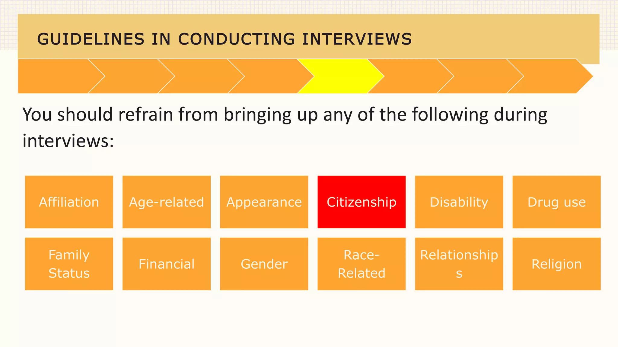 GUIDELINES IN CONDUCTING INTERVIEWS
You should refrain from bringing up any of the following during
interviews:
Affiliation Age-related Appearance Citizenship Disability Drug use
Family
Status
Financial Gender
Race-
Related
Relationship
s
Religion
 