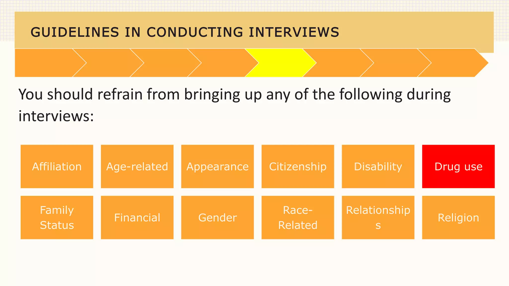 GUIDELINES IN CONDUCTING INTERVIEWS
You should refrain from bringing up any of the following during
interviews:
Affiliation Age-related Appearance Citizenship Disability Drug use
Family
Status
Financial Gender
Race-
Related
Relationship
s
Religion
 
