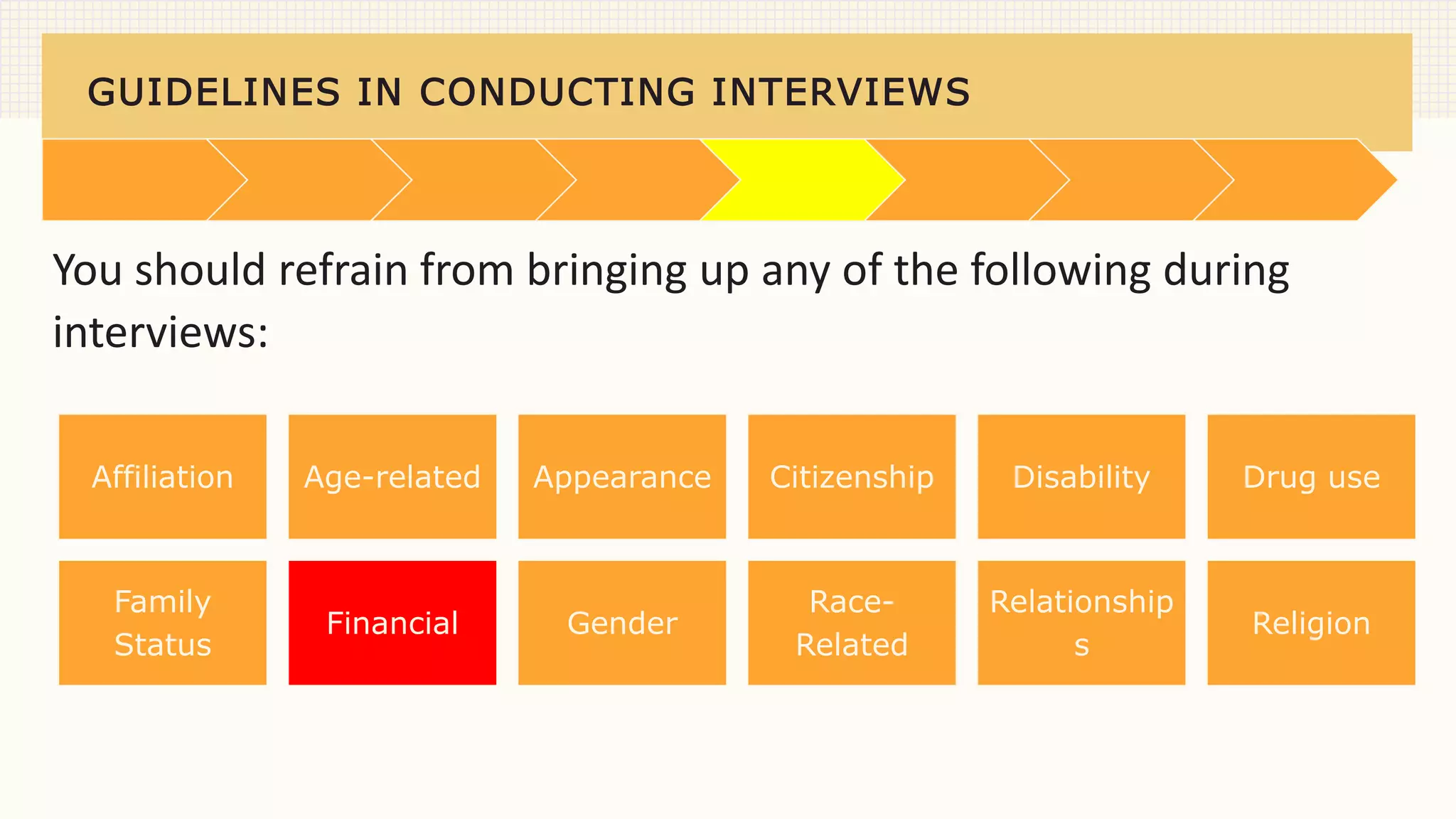 GUIDELINES IN CONDUCTING INTERVIEWS
You should refrain from bringing up any of the following during
interviews:
Affiliation Age-related Appearance Citizenship Disability Drug use
Family
Status
Financial Gender
Race-
Related
Relationship
s
Religion
 