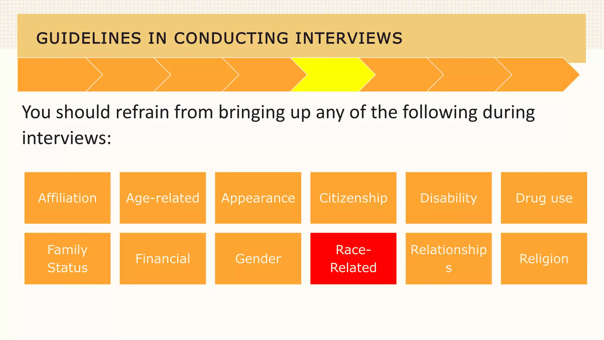 GUIDELINES IN CONDUCTING INTERVIEWS
You should refrain from bringing up any of the following during
interviews:
Affiliation Age-related Appearance Citizenship Disability Drug use
Family
Status
Financial Gender
Race-
Related
Relationship
s
Religion
 