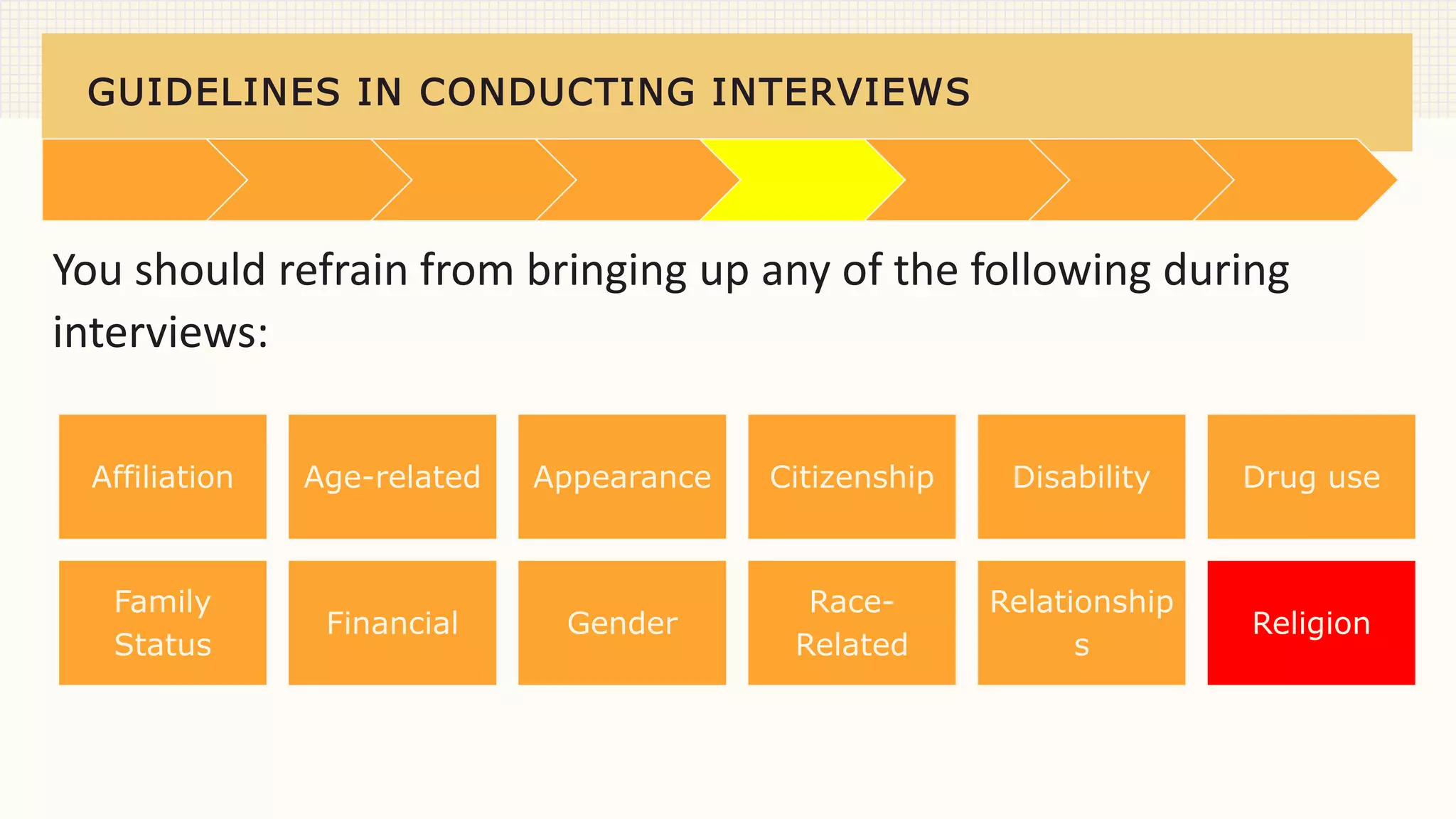 GUIDELINES IN CONDUCTING INTERVIEWS
You should refrain from bringing up any of the following during
interviews:
Affiliation Age-related Appearance Citizenship Disability Drug use
Family
Status
Financial Gender
Race-
Related
Relationship
s
Religion
 