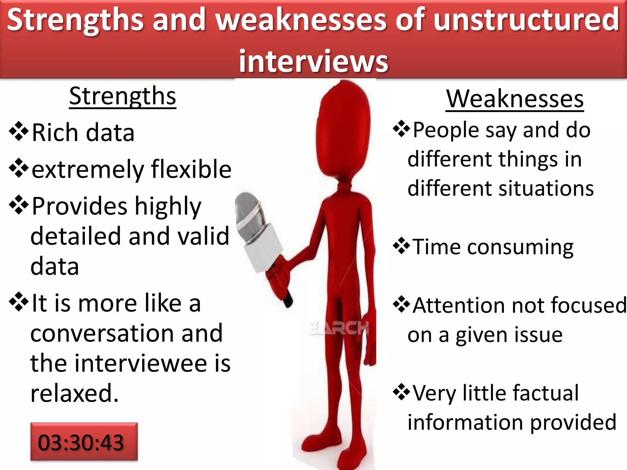 Strengths and weaknesses of unstructured
interviews
Strengths
Rich data
extremely flexible
Provides highly
detailed and valid
data
It is more like a
conversation and
the interviewee is
relaxed.
Weaknesses
People say and do
different things in
different situations
Time consuming
Attention not focused
on a given issue
Very little factual
information provided
03:30:43
 