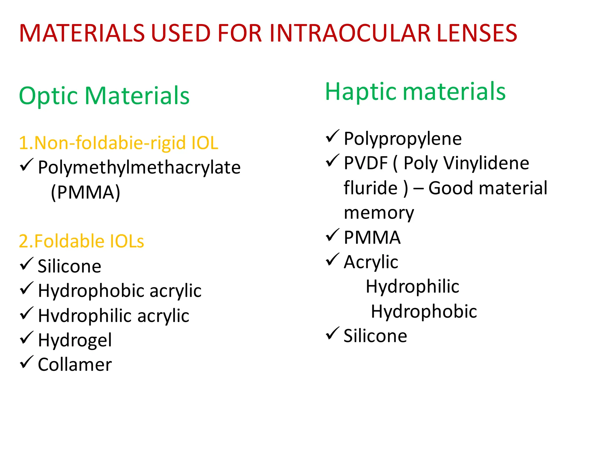 Optic Materials
1.Non-foIdabie-rigid IOL
✓ Polymethylmethacrylate
(PMMA)
2.Foldable IOLs
✓ Silicone
✓ Hydrophobic acrylic
✓ Hvdrophilic acrylic
✓ Hydrogel
✓ Collamer
MATERIALS USED FOR INTRAOCULAR LENSES
Haptic materials
✓ Polypropylene
✓ PVDF ( Poly Vinylidene
fluride ) – Good material
memory
✓ PMMA
✓ Acrylic
Hydrophilic
Hydrophobic
✓ Silicone
 