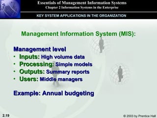 Management Information System (MIS): Management level Inputs:  High volume data Processing :  Simple models Outputs:  Summary reports Users:  Middle managers Example: Annual budgeting Essentials of Management Information Systems Chapter 2 Information Systems in the Enterprise KEY SYSTEM APPLICATIONS IN THE ORGANIZATION 