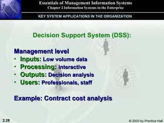 Decision Support System (DSS): Management level Inputs:  Low volume data Processing:  Interactive Outputs:  Decision analysis Users:  Professionals, staff   Example: Contract cost analysis Essentials of Management Information Systems Chapter 2 Information Systems in the Enterprise KEY SYSTEM APPLICATIONS IN THE ORGANIZATION 