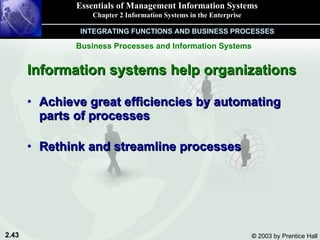 Information systems help organizations   Achieve great efficiencies by automating  parts of processes  Rethink and streamline processes Essentials of Management Information Systems Chapter 2 Information Systems in the Enterprise Business Processes and Information Systems INTEGRATING FUNCTIONS AND BUSINESS PROCESSES 