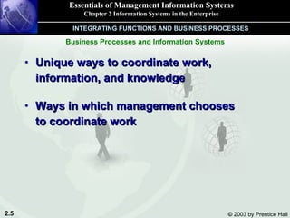 Unique ways to coordinate work,  information, and knowledge Ways in which management chooses  to coordinate work Essentials of Management Information Systems Chapter 2 Information Systems in the Enterprise INTEGRATING FUNCTIONS AND BUSINESS PROCESSES Business Processes and Information Systems 