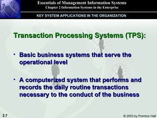 Essentials of Management Information Systems Chapter 2 Information Systems in the Enterprise KEY SYSTEM APPLICATIONS IN THE ORGANIZATION Transaction Processing Systems (TPS): Basic business systems that serve the operational level A computerized system that performs and records the daily routine transactions necessary to the conduct of the business 