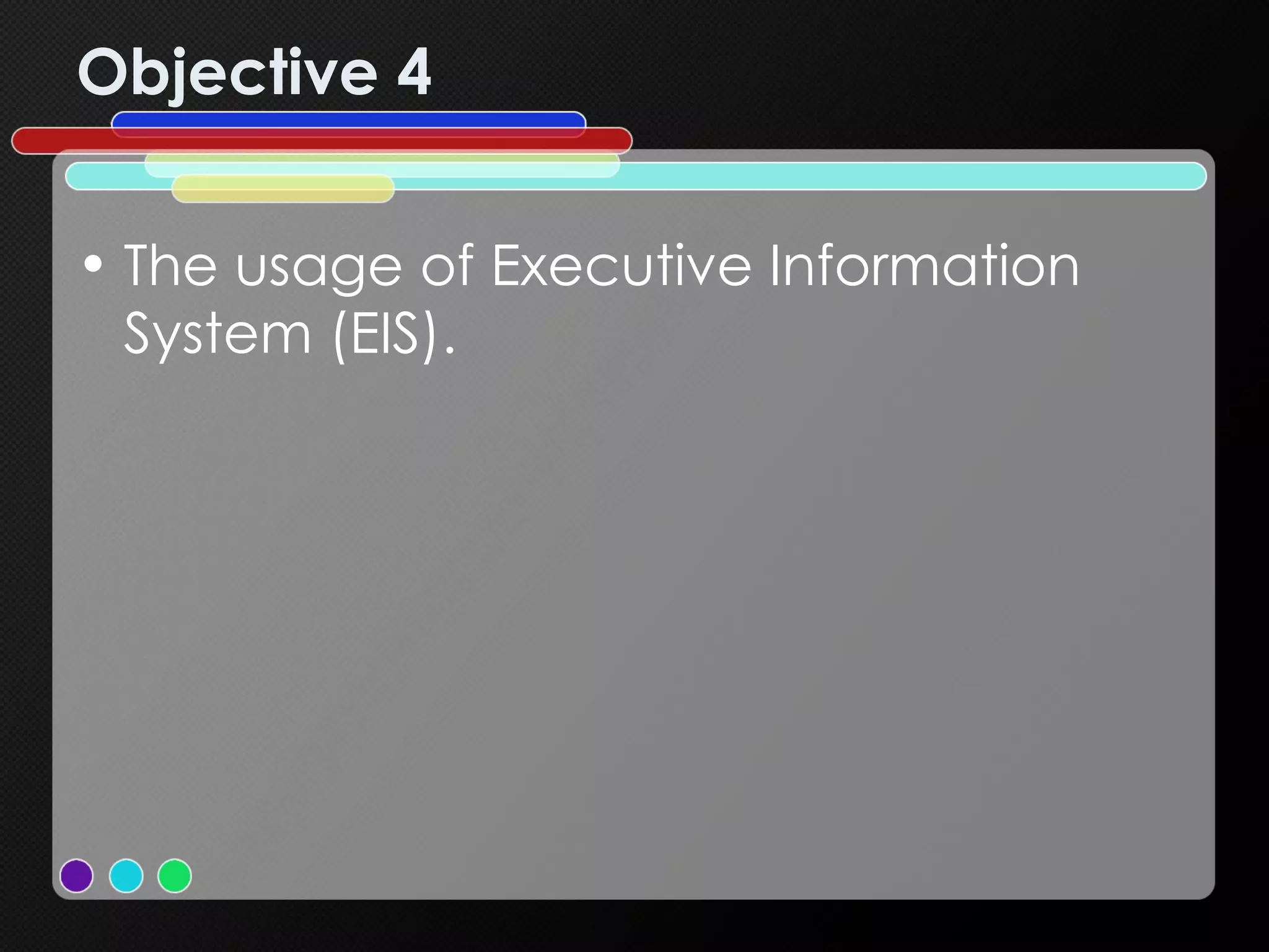 Objective 4 The usage of Executive Information System (EIS). 