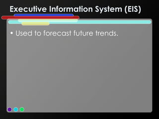 Executive Information System (EIS) Used to forecast future trends. 