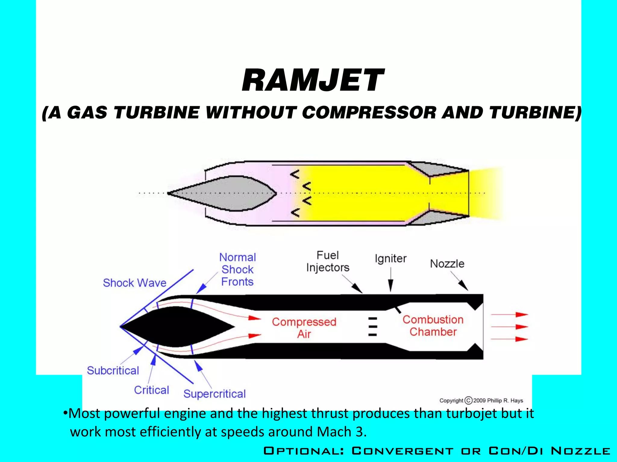 RAMJET
(A GAS TURBINE WITHOUT COMPRESSOR AND TURBINE)




 •Most powerful engine and the highest thrust produces than turbojet but it
  work most efficiently at speeds around Mach 3.
                                 Optional: Convergent or Con/Di Nozzle
 