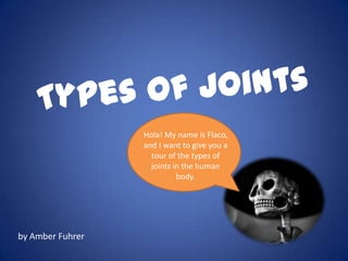 Hola! My name is Flaco,
                  and I want to give you a
                    tour of the types of
                    joints in the human
                            body.




by Amber Fuhrer
 