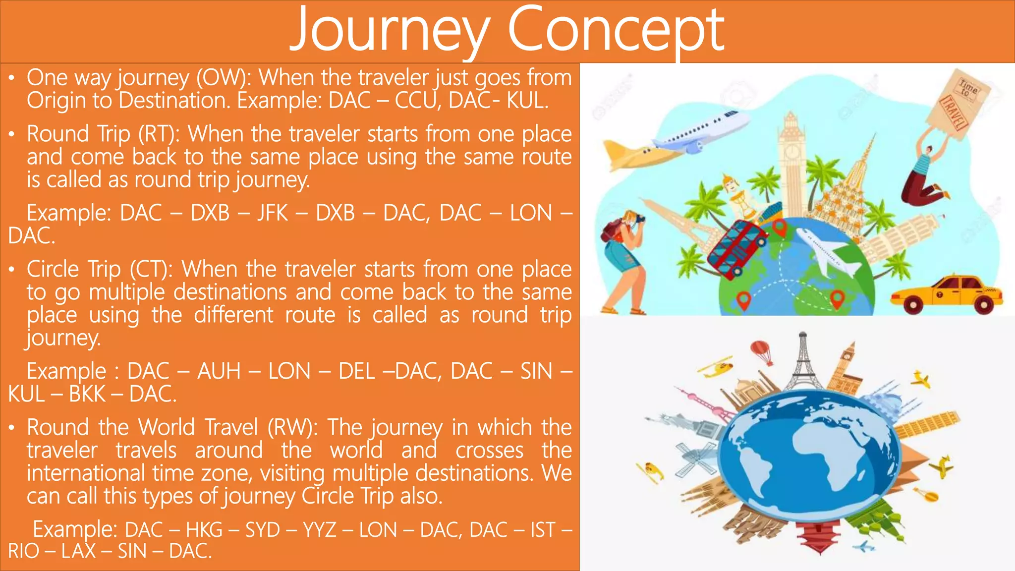 Journey Concept
• One way journey (OW): When the traveler just goes from
Origin to Destination. Example: DAC – CCU, DAC- KUL.
• Round Trip (RT): When the traveler starts from one place
and come back to the same place using the same route
is called as round trip journey.
Example: DAC – DXB – JFK – DXB – DAC, DAC – LON –
DAC.
• Circle Trip (CT): When the traveler starts from one place
to go multiple destinations and come back to the same
place using the different route is called as round trip
journey.
Example : DAC – AUH – LON – DEL –DAC, DAC – SIN –
KUL – BKK – DAC.
• Round the World Travel (RW): The journey in which the
traveler travels around the world and crosses the
international time zone, visiting multiple destinations. We
can call this types of journey Circle Trip also.
Example: DAC – HKG – SYD – YYZ – LON – DAC, DAC – IST –
RIO – LAX – SIN – DAC.
 
