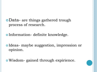 Data- are things gathered trough
process of research.
 Information- definite knowledge.
 Ideas- maybe suggestion, impression or
opinion.
 Wisdom- gained through expirience.
 