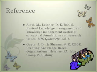 ReferenceAlavi, M., Leidner, D. E. (2001). Review: knowledge management and knowledge management systems: conceptual foundations and research issues. MIS Quarterly. 25(1).Gupta, J. D., & Sharma, S. K. (2004). Creating Knowledge Based Organizations. Hershey, PA: Idea Group Publishing.