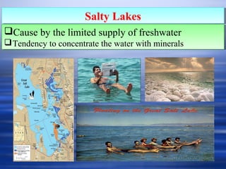 Salty LakesSalty Lakes
Cause by the limited supply of freshwater
Tendency to concentrate the water with minerals
Cause by the limited supply of freshwater
Tendency to concentrate the water with minerals
 