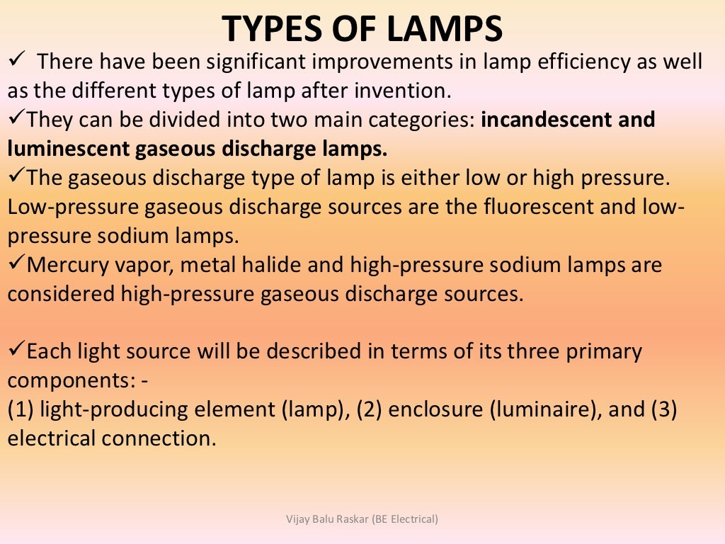 Illumination Types of lamps