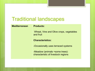 Traditional landscapes
Mediterranean Products:
Wheat, Vine and Olive crops, vegetables
and fruit
Characteristics:
-Occasionally uses terraced systems
-Meadow (animals +some trees):
characteristic of livestock regions
 