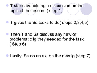 T starts by holding a discussion on the
topic of the lesson ( step 1)
T gives the Ss tasks to do( steps 2,3,4,5)
Then T and Ss discuss any new or
problematic lg they needed for the task
( Step 6)
Lastly, Ss do an ex. on the new lg.(step 7)
 