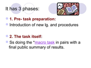 It has 3 phases:
1. Pre- task preparation:
Introduction of new lg. and procedures
2. The task itself:
Ss doing the *macro task in pairs with a
final public summary of results.
 