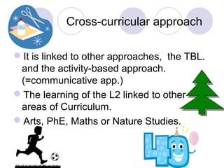 Cross-curricular approach
It is linked to other approaches, the TBL.
and the activity-based approach.
(=communicative app.)
The learning of the L2 linked to other
areas of Curriculum.
Arts, PhE, Maths or Nature Studies.
 