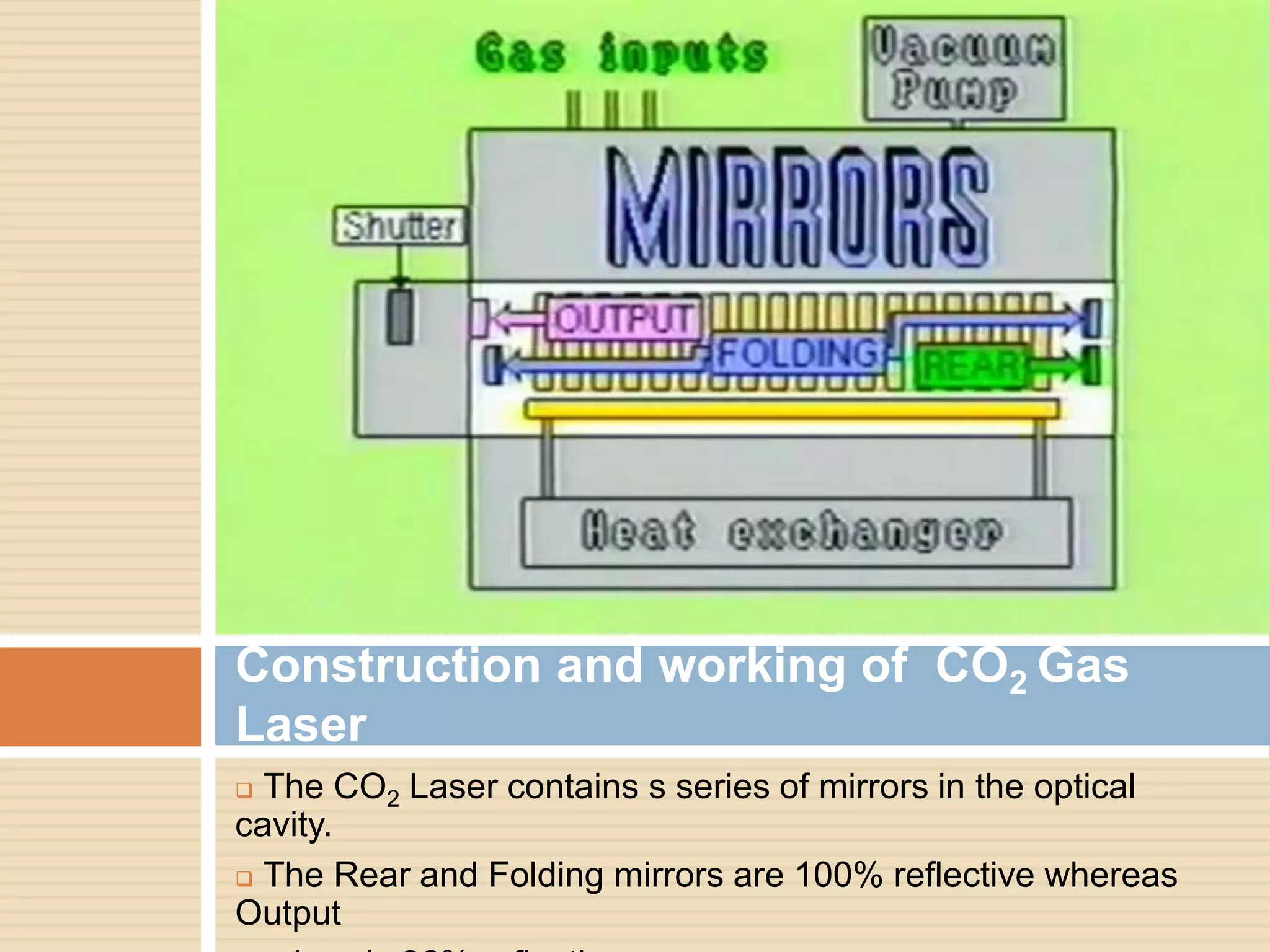  The CO2 Laser contains s series of mirrors in the optical
cavity.
 The Rear and Folding mirrors are 100% reflective whereas
Output
Construction and working of CO2 Gas
Laser
 