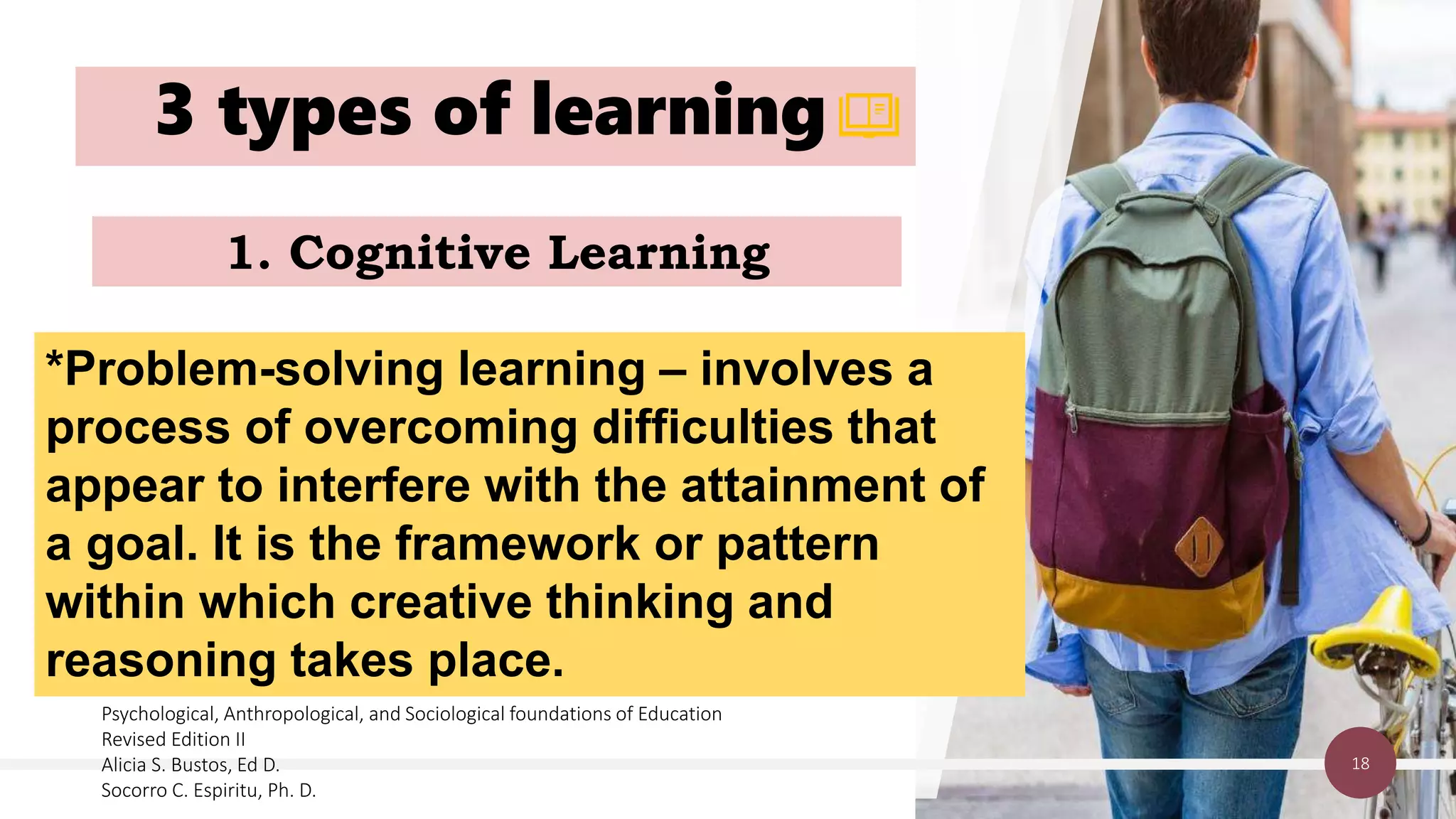 3 types of learning
18
1. Cognitive Learning
*Problem-solving learning – involves a
process of overcoming difficulties that
appear to interfere with the attainment of
a goal. It is the framework or pattern
within which creative thinking and
reasoning takes place.
Psychological, Anthropological, and Sociological foundations of Education
Revised Edition II
Alicia S. Bustos, Ed D.
Socorro C. Espiritu, Ph. D.
 