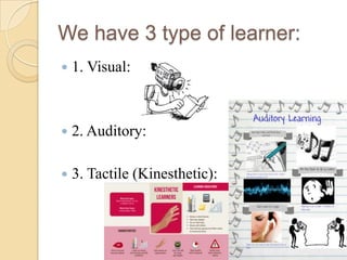 We have 3 type of learner:


1. Visual:



2. Auditory:



3. Tactile (Kinesthetic):

 