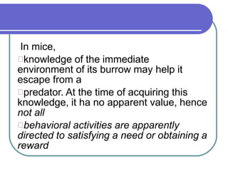 In mice,
knowledge of the immediate
environment of its burrow may help it
escape from a
predator. At the time of acquiring this
knowledge, it ha no apparent value, hence
not all
behavioral activities are apparently
directed to satisfying a need or obtaining a
reward
 