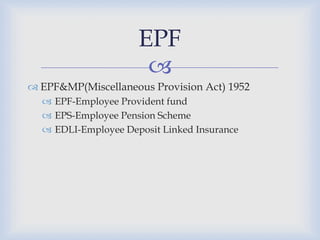 EPF
                      
 EPF&MP(Miscellaneous Provision Act) 1952
   EPF-Employee Provident fund
   EPS-Employee Pension Scheme
   EDLI-Employee Deposit Linked Insurance
 