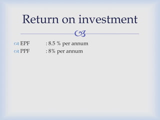 Return on investment
           
 EPF   : 8.5 % per annum
 PPF   : 8% per annum
 