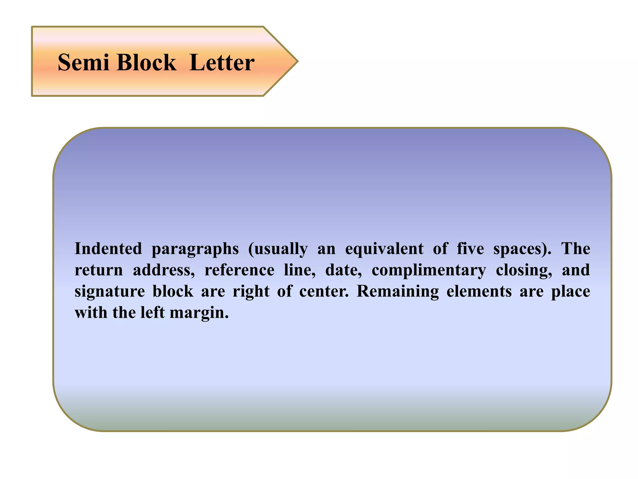 Semi Block Letter
Indented paragraphs (usually an equivalent of five spaces). The
return address, reference line, date, complimentary closing, and
signature block are right of center. Remaining elements are place
with the left margin.
 