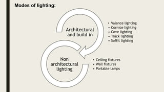 Modes of lighting:
• Valance lighting
• Cornice lighting
• Cove lighting
• Track lighting
• Soffit lighting
Architectural
and build in
• Ceiling fixtures
• Wall fixtures
• Portable lamps
Non
architectural
lighting
 