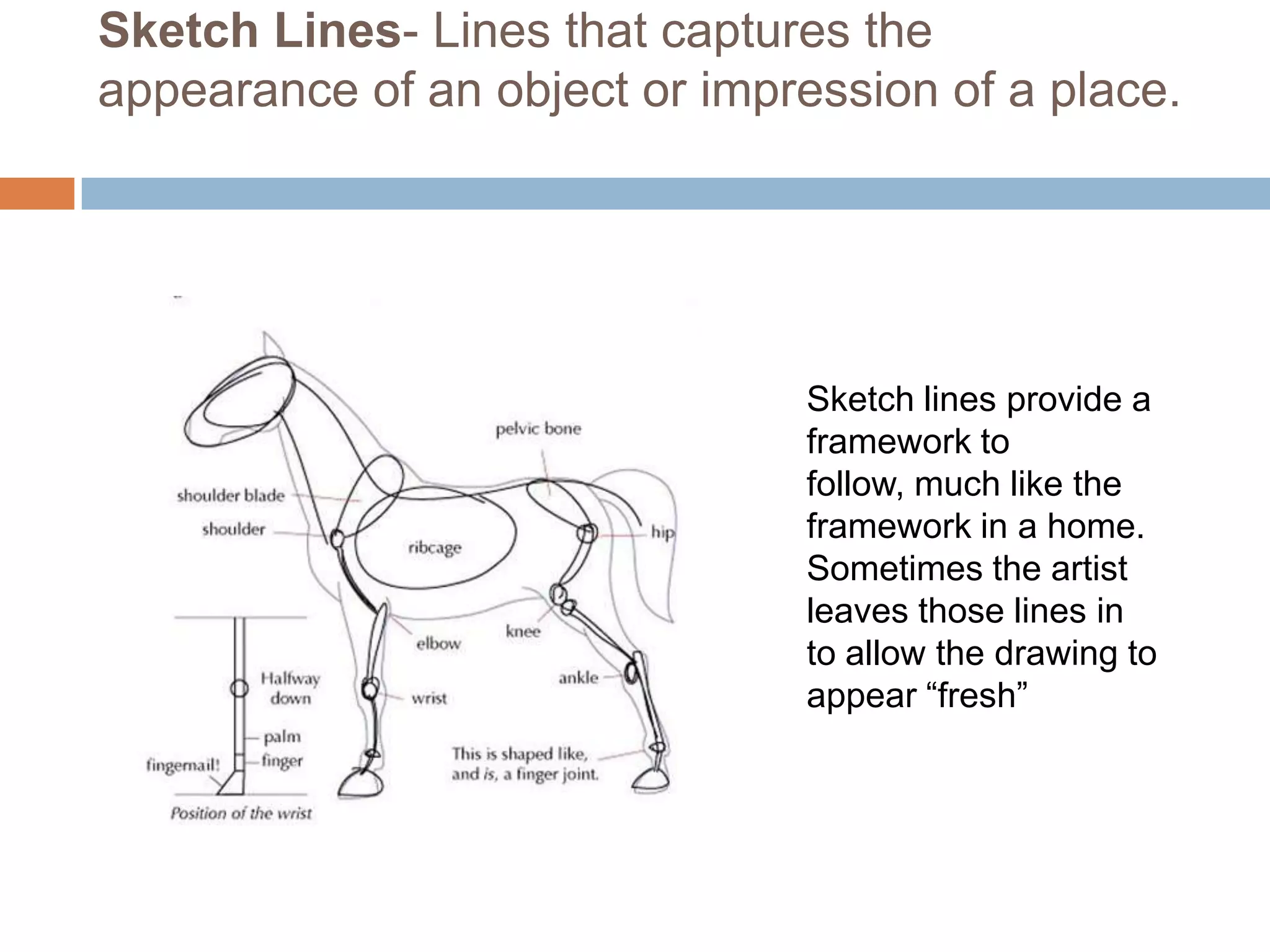 Sketch Lines- Lines that captures the
appearance of an object or impression of a place.




                                Sketch lines provide a
                                framework to
                                follow, much like the
                                framework in a home.
                                Sometimes the artist
                                leaves those lines in
                                to allow the drawing to
                                appear “fresh”
 