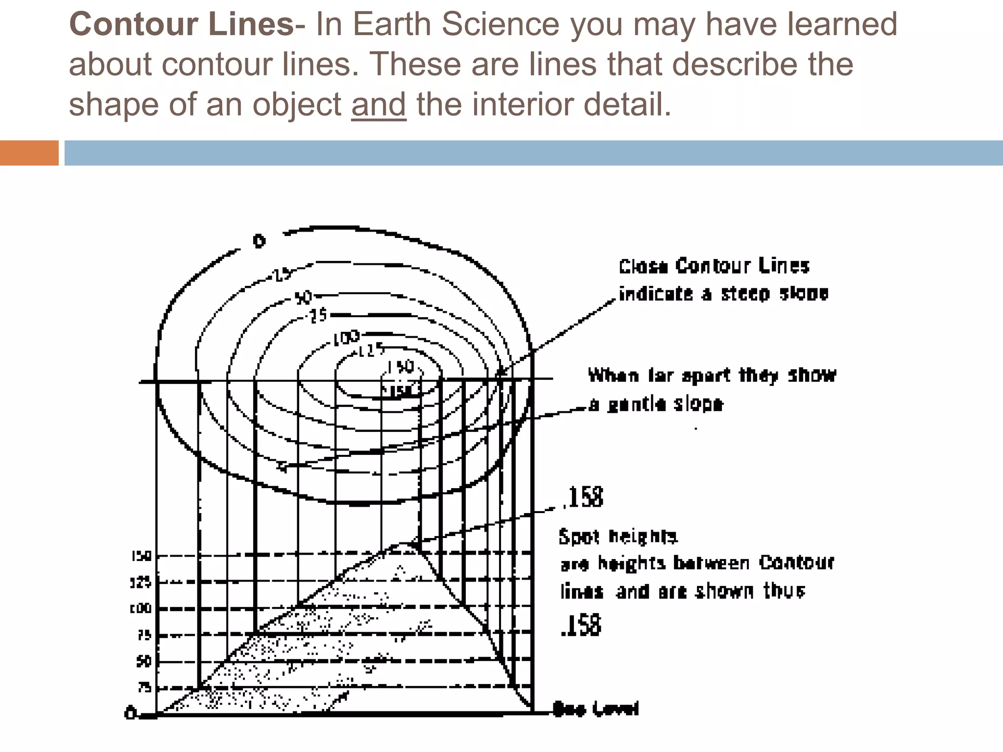 Contour Lines- In Earth Science you may have learned
about contour lines. These are lines that describe the
shape of an object and the interior detail.
 