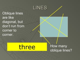 LINESLINES
Oblique lines
are like
diagonal, but
don’t run from
corner to
corner.
How many
oblique lines?
three
 