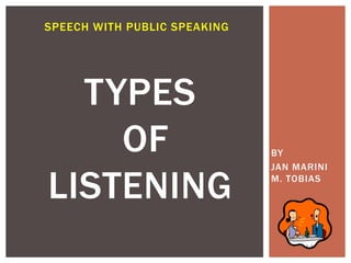 BY
JAN MARINI
M. TOBIAS
TYPES
OF
LISTENING
SPEECH WITH PUBLIC SPEAKING
 