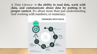 4. Data Literacy- is the ability to read data, work with
data, and communicate about data by putting it in
proper context. It's about more than just understanding
and working with numbers, or numeracy.
 