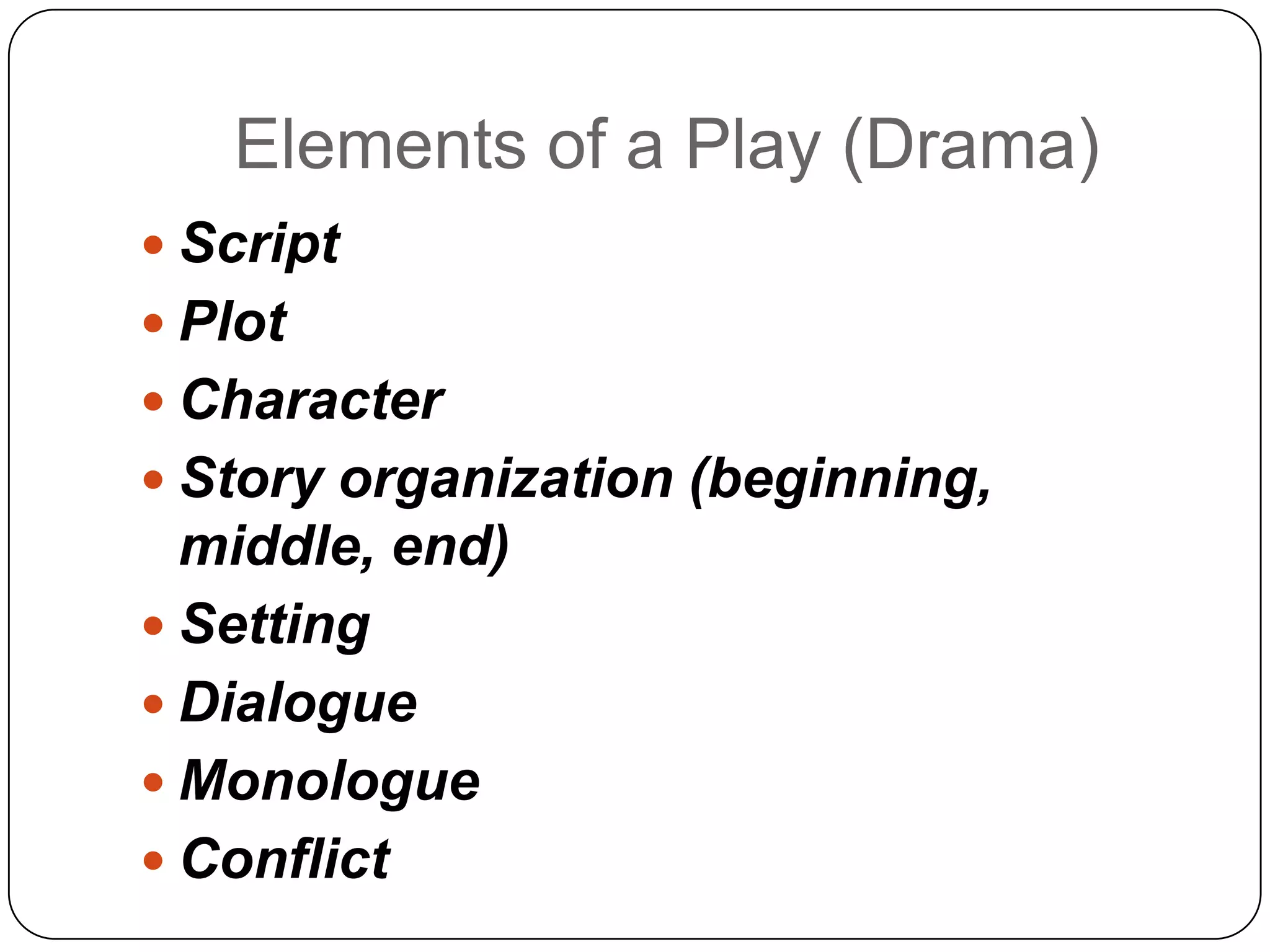 Elements of a Play (Drama)ScriptPlotCharacterStory organization (beginning, middle, end)SettingDialogueMonologueConflict