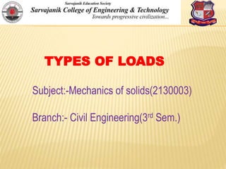 Subject:-Mechanics of solids(2130003)
Branch:- Civil Engineering(3rd Sem.)
TYPES OF LOADS
 