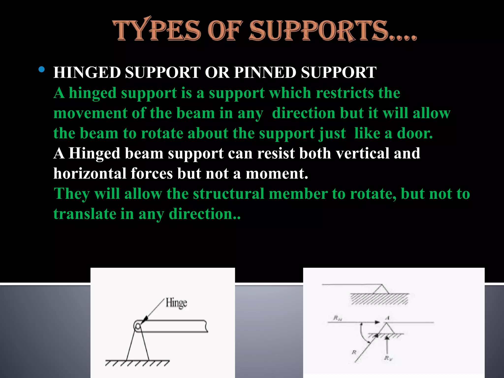 • HINGED SUPPORT OR PINNED SUPPORT
A hinged support is a support which restricts the
movement of the beam in any direction but it will allow
the beam to rotate about the support just like a door.
A Hinged beam support can resist both vertical and
horizontal forces but not a moment.
They will allow the structural member to rotate, but not to
translate in any direction..
 