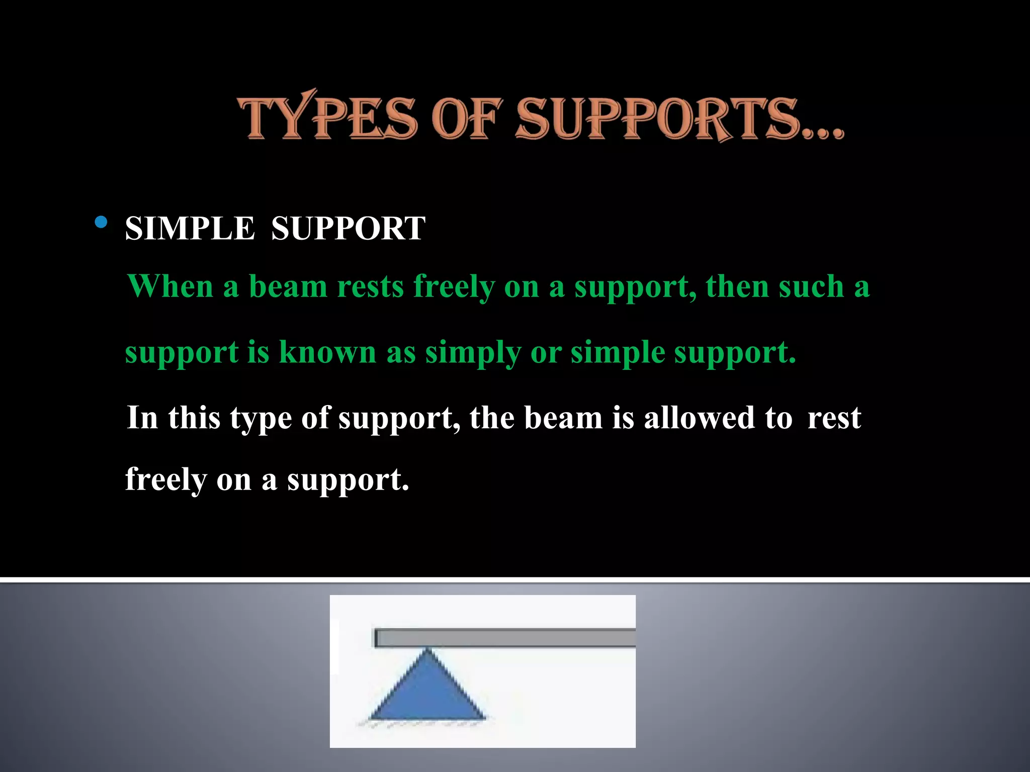 • SIMPLE SUPPORT
When a beam rests freely on a support, then such a
support is known as simply or simple support.
In this type of support, the beam is allowed to rest
freely on a support.
 